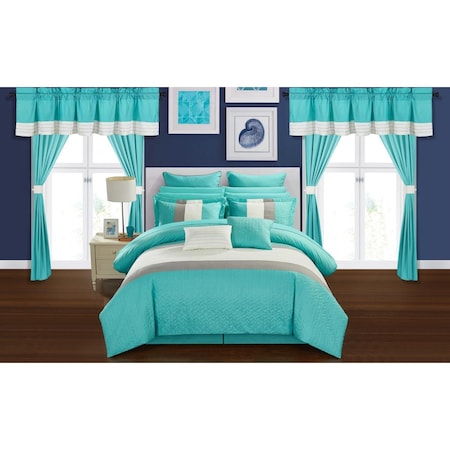 24 Piece Quilted Embroidered Complete Comforter Bed Set, Turquoise - Queen, 24PK
